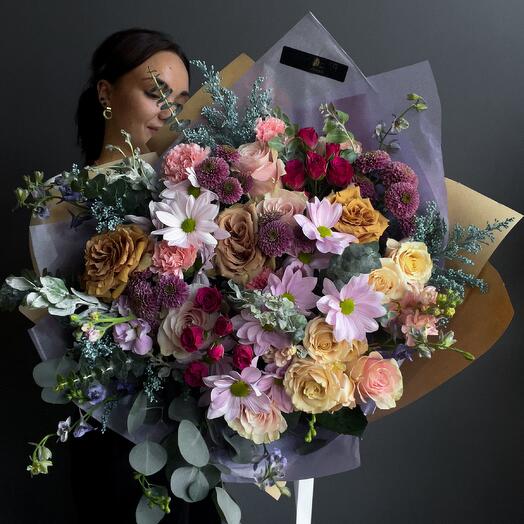 Brownie with peony spray roses and eucalyptus
