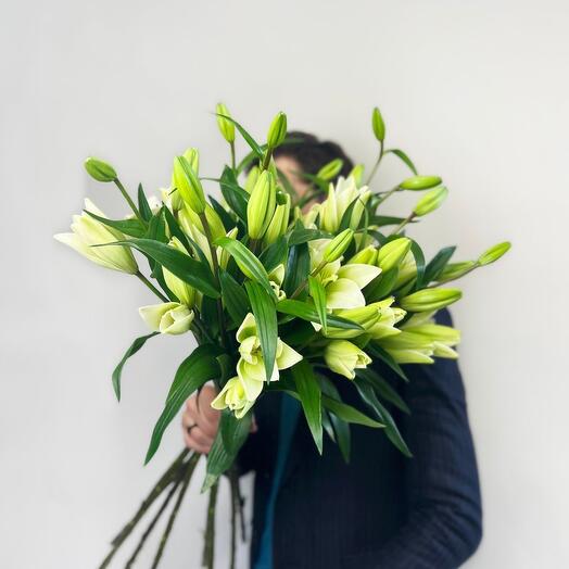 Букет из 9 белых лилий под ленту