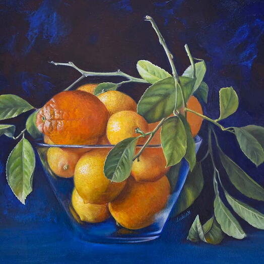 Plava mrtva priroda sa mandarinama i lisćem