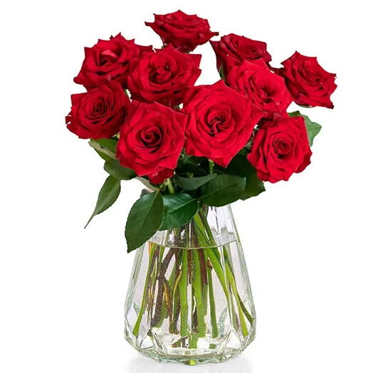 Hosszú szárú piros rózsák + váza