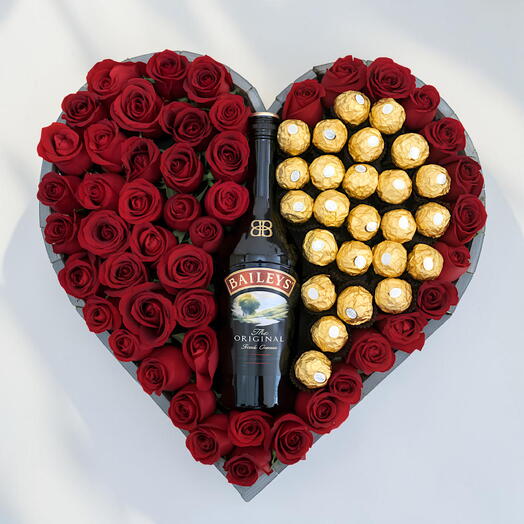 Caja corazon rosas, chocolates y baileys
