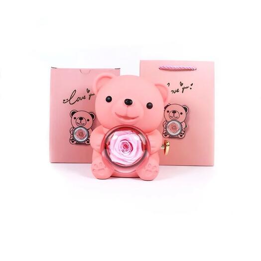 Luxury Teddy Bear Gift Set with Preserved Rose   Stainless Steel Ring
