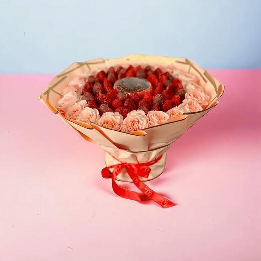 Mirage – Fruit Arrangement with Chocolate Strawberries, Roses   Pomegranate