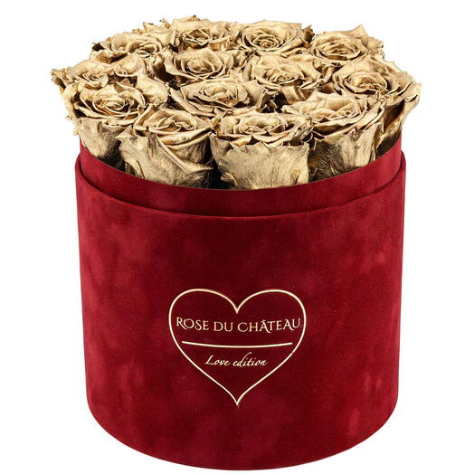 Roses éternelles dorées dans un flowerbox rouge à offrir Rose du Chateau
