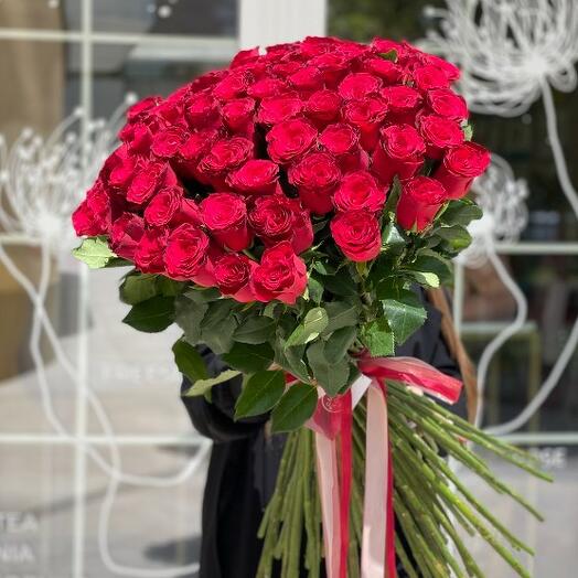 65 Голландских красных роз 70-80 см