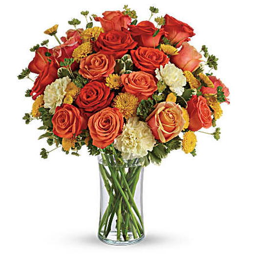 Citrus Kissed (roses, mums, carnation + vase)