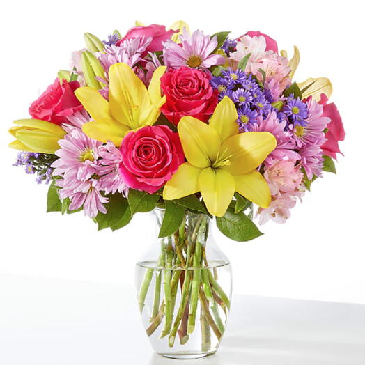 Springtime Sprinkles Bouquet (lily, alstro, pink roses, mums)