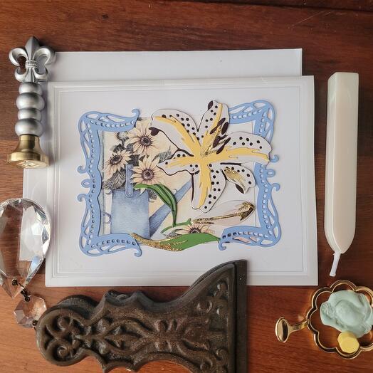 Lily,  sunflowers and watering can handmade notecard