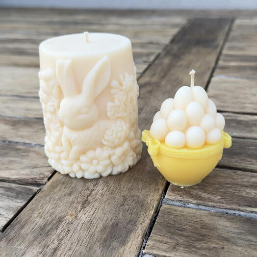 Easter Candle Set: Carved Bunny + Basket with Eggs