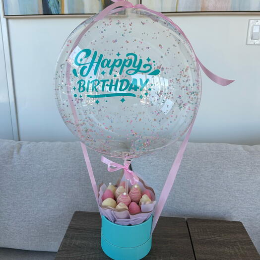 Happy Birthday Bobo balloon and chocolate dipped strawberries