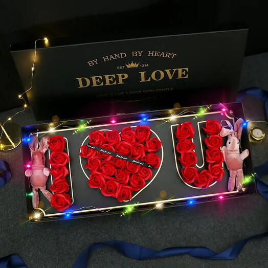 ️🌹 I Love You Red Rose Box – 29 Roses with LED Lights   2 Plush Bunnies 🐰