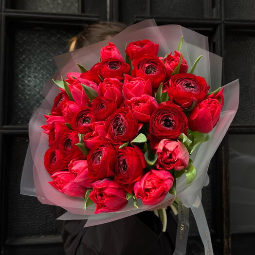 Red Ranunculus 15 + Red Tulips 16