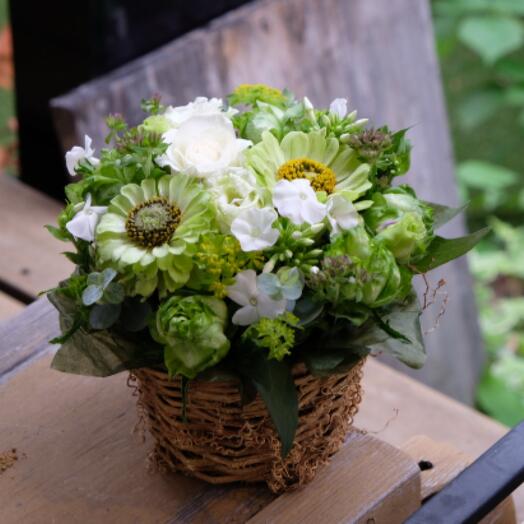 Small Green Bouquet basket with mixed flowers and greenery