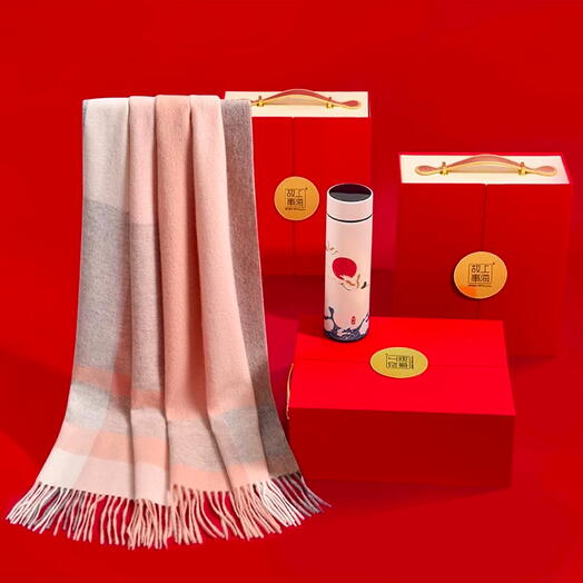 Shanghai Story Grey Pink Placed Cashmere Scarf + Thermos Gift Box