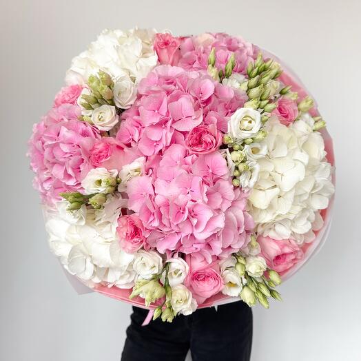 Pink and white Hydrangeas with eustoma and roses