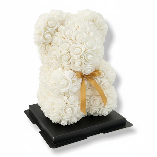 Weißer Teddybär aus Schaumrosen, künstliche ewige Rosen, Teddybär aus Rosen in Verpackung