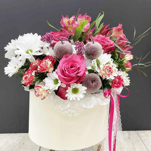 Flower box with roses and apples