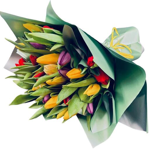 Classic bouquet of 25 multi-coloured tulips