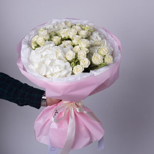 White I Love You Bouquet (white spray roses, white hydrangea)