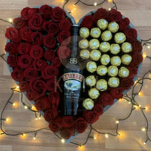 Caja corazon rosas, chocolates y baileys