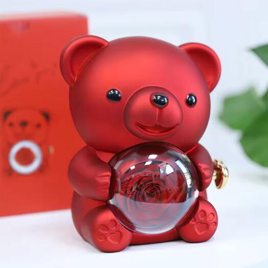 Red Luxury Teddy Bear Gift Set with Preserved Rose   Stainless Steel Ring