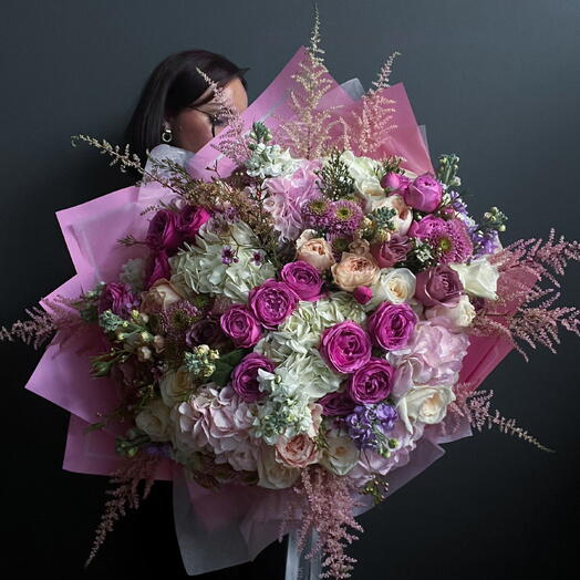 Ice Berry (hydrangea, spray peony roses, mums, stock)