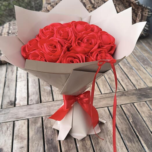 Unique Bouquet of Satin Roses – 13 Pieces (Handmade)