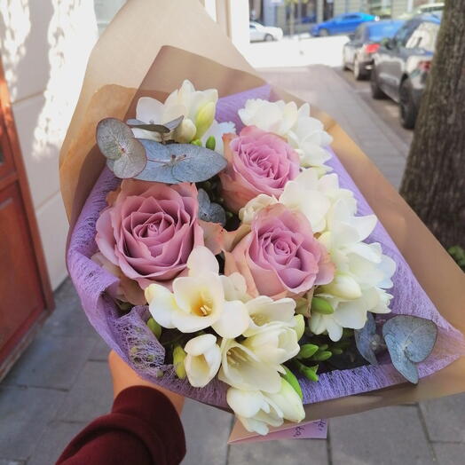 Three roses and freesias