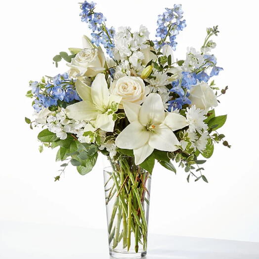 Peace of Mind Bouquet (lily, delphinium, roses, mums, stock + vase)