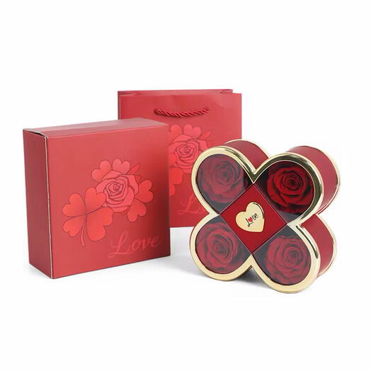 Preserved rose flowers in box with hidden drawer with ring