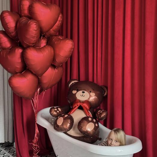 Bouquet of 17 red hearts and a standing Teddy Bear