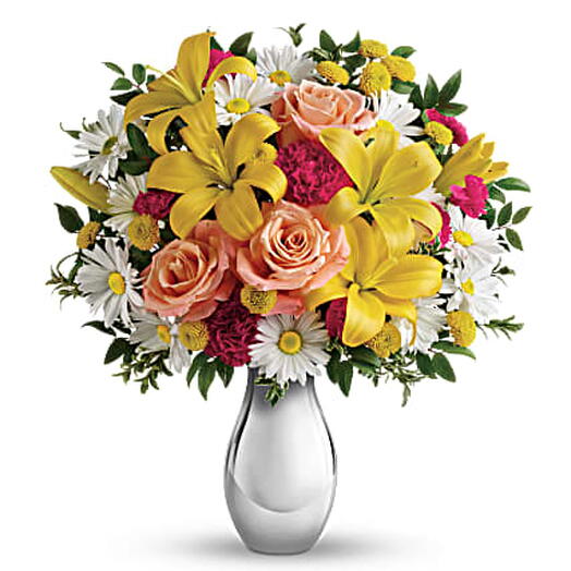 Just Tickled Bouquet (lilies, carnation, mums, roses + vase)