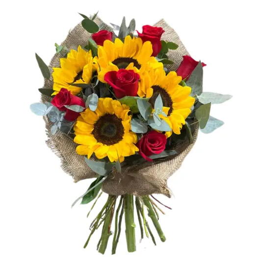 RAMO DE ROSAS Y FLORES GIRASOLES CON ARPILLERA