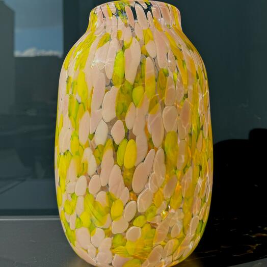 JARRÓN REDONDO SALPICADO GRANDE ROSA CLARO Y AMARILLO