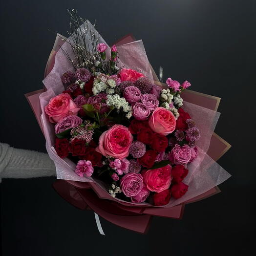 Petal Kiss (peony roses, genista, mini carnations, mums)