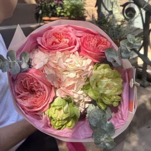 Romance Bouquet SMALL size (Pink Expression garden roses, veggie roses, hydrangeas, eucalyptus )