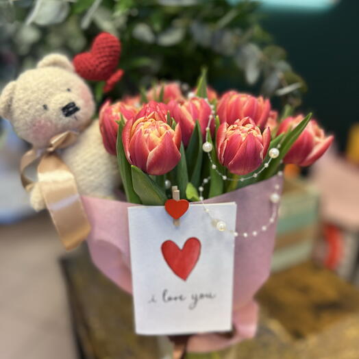 Różowe Tulipany + Ręcznie Robiony Miś