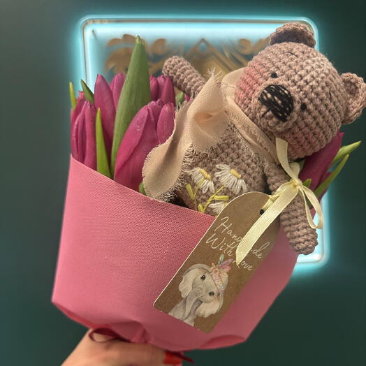25 Purple Tulips + Handmade Teddy