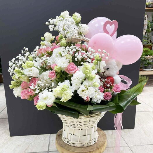 Romantic flower basket with teddy and balloons