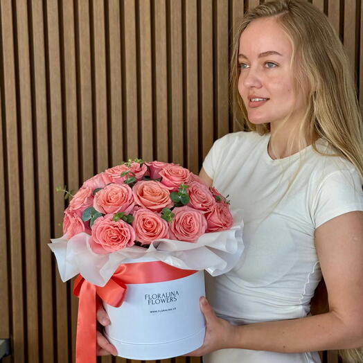 Flower Box with Fresh Pink Roses   Eucalyptus