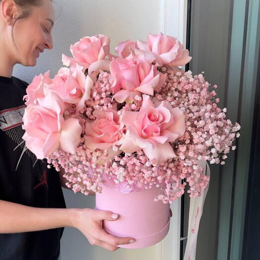 French roses and baby s breath in a box