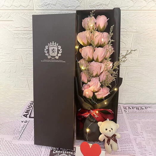 💖 Blush Pink Rose Gift Box with LED Light, Teddy   Card 🎀 | 16 Roses of Love in 18x5 Box