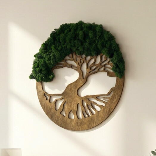 Tree of Life Wall Art with Preserved Moss (35 cm) — Wooden Round Panel, Handmade Nature Decor