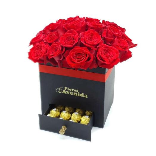 CAJA 24 ROSAS IMPORTADAS Y BOMBONES DE CHOCOLATE