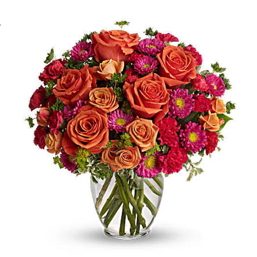 How Sweet It Is (Coral roses, pink mums, orange spray roses, greenery+ vase)