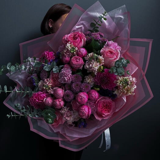 Rich Kiss (peony spray roses, stock, roses, eucalyptus)