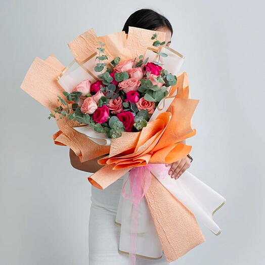 Rosy Harmony Bouquet With Peach And Pink Roses