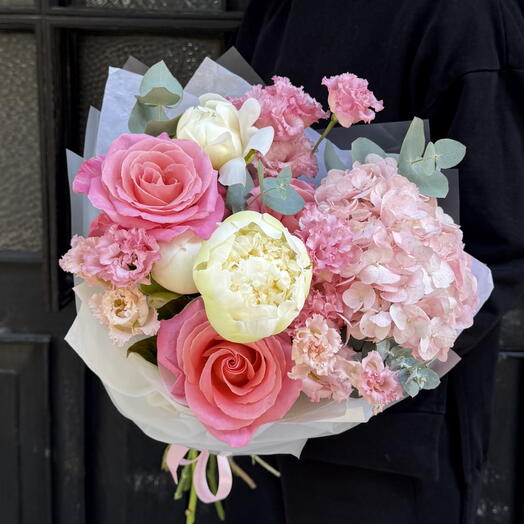 Pink Rose, White Peonies, Hydrangea