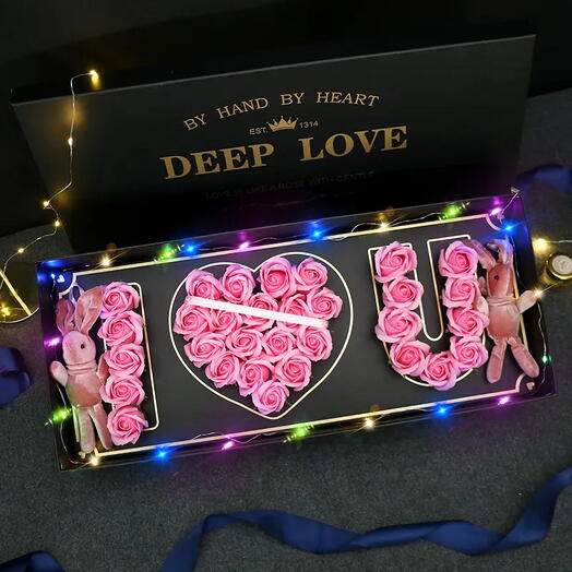 🌸💖 I Adore You Pink Rose Box – 29 Roses with LED Lights   2 Plush Bunnies 🐰