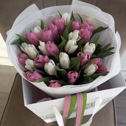 Pink   White Tulips Bouquet - 31 stems